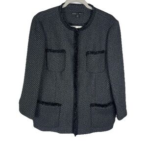 LAFAYETTE 148 Black Tweed Fringed‎ Trim Hook Front Jacket Blazer Womens Size 14